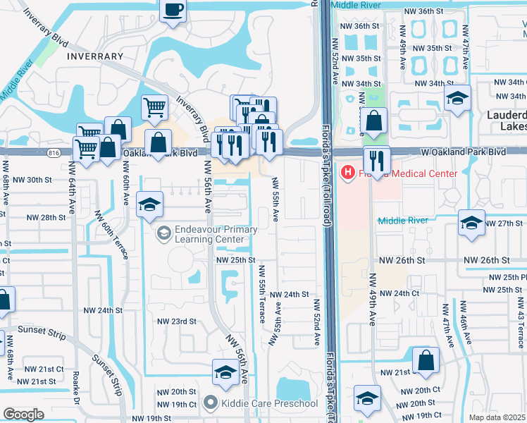 map of restaurants, bars, coffee shops, grocery stores, and more near 2814 Northwest 55th Avenue in Lauderhill