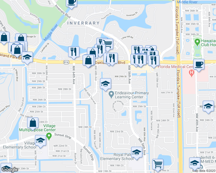 map of restaurants, bars, coffee shops, grocery stores, and more near 2768 Northwest 58th Terrace in Lauderhill