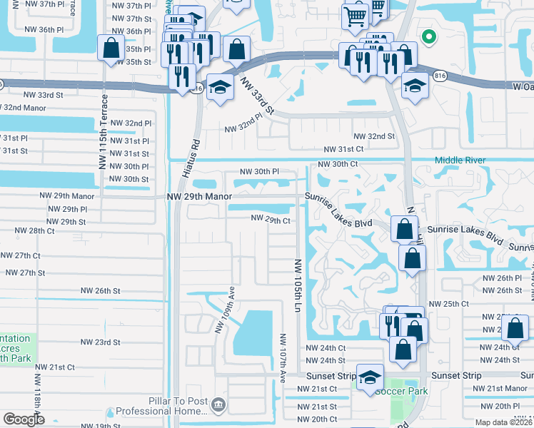 map of restaurants, bars, coffee shops, grocery stores, and more near 10741 Northwest 29th Court in Sunrise