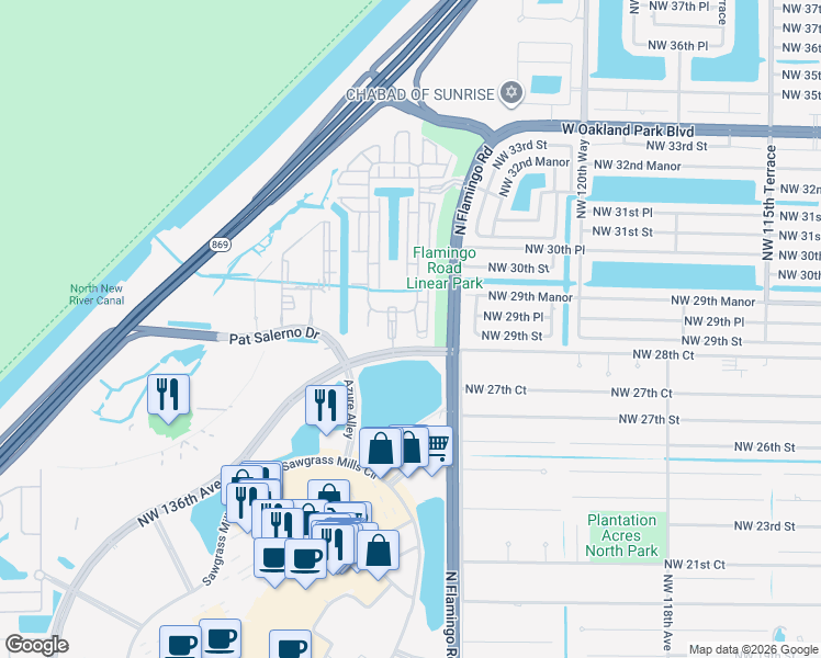 map of restaurants, bars, coffee shops, grocery stores, and more near 2900 Northwest 126th Avenue in Sunrise