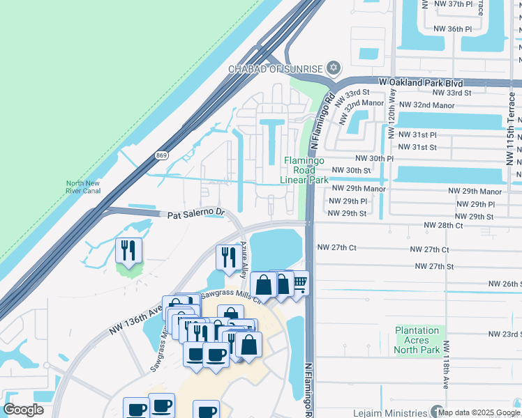 map of restaurants, bars, coffee shops, grocery stores, and more near 2925 Northwest 126th Avenue in Sunrise