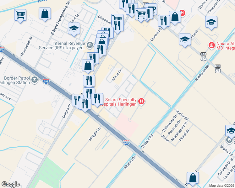 map of restaurants, bars, coffee shops, grocery stores, and more near 6237 Camelot Drive in Harlingen