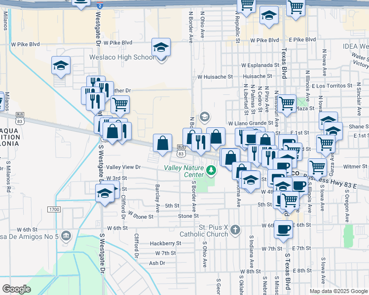 map of restaurants, bars, coffee shops, grocery stores, and more near in Weslaco