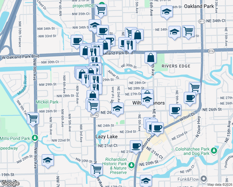 map of restaurants, bars, coffee shops, grocery stores, and more near 2725 Northeast 2nd Avenue in Wilton Manors