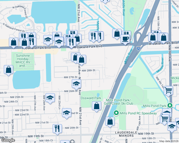 map of restaurants, bars, coffee shops, grocery stores, and more near 2006 Northwest 28th Street in Oakland Park