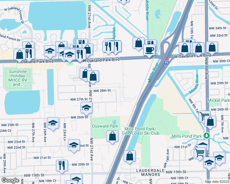 map of restaurants, bars, coffee shops, grocery stores, and more near 2761 Northwest 18th Terrace in Oakland Park