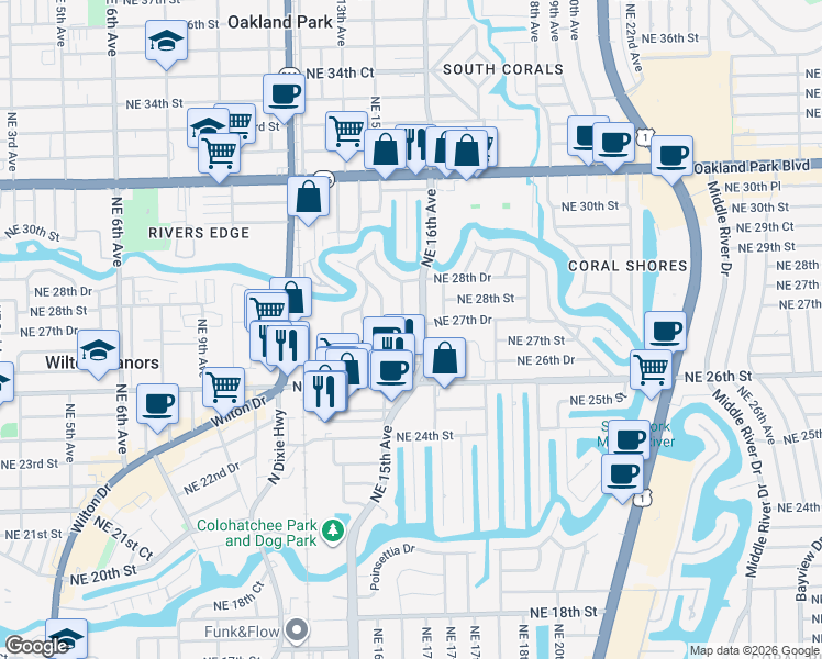 map of restaurants, bars, coffee shops, grocery stores, and more near 1540 Northeast 27th Drive in Wilton Manors