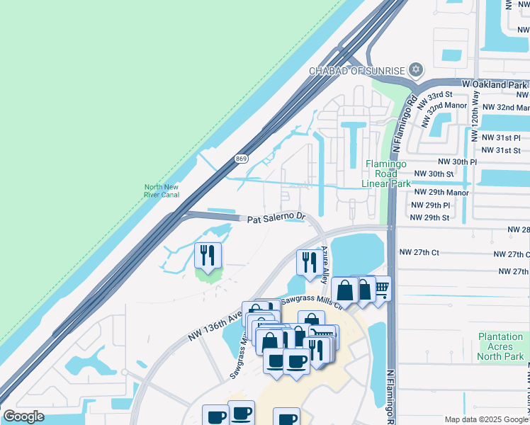 map of restaurants, bars, coffee shops, grocery stores, and more near 3000 Northwest 130th Terrace in Sunrise
