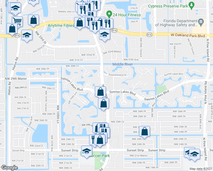 map of restaurants, bars, coffee shops, grocery stores, and more near 2857 Northwest 99th Terrace in Sunrise