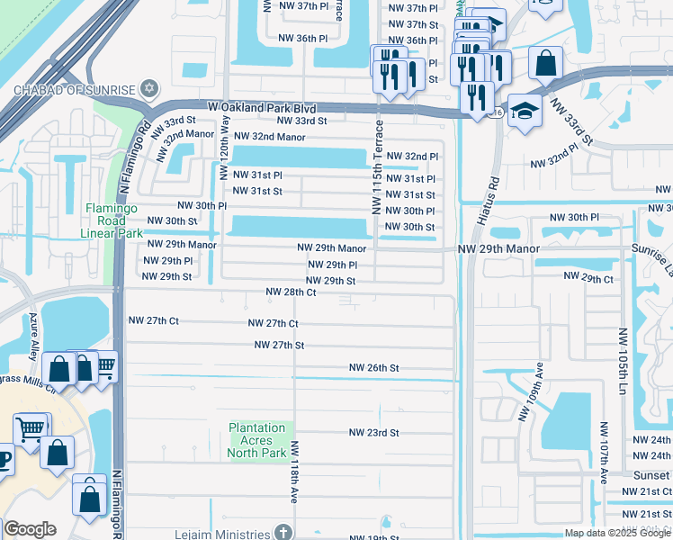 map of restaurants, bars, coffee shops, grocery stores, and more near 11640 Northwest 29th Place in Sunrise