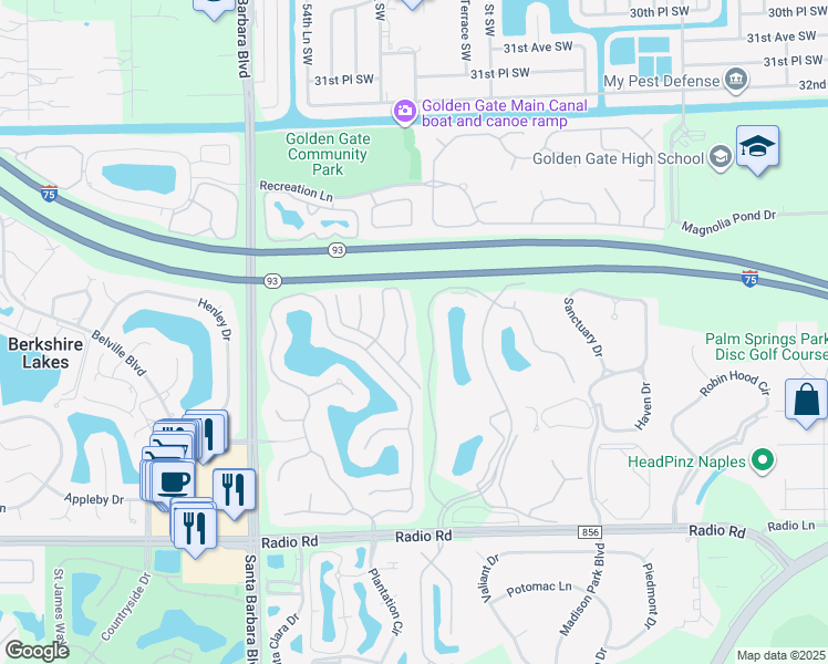 map of restaurants, bars, coffee shops, grocery stores, and more near 7560 Berkshire Pines Drive in Naples