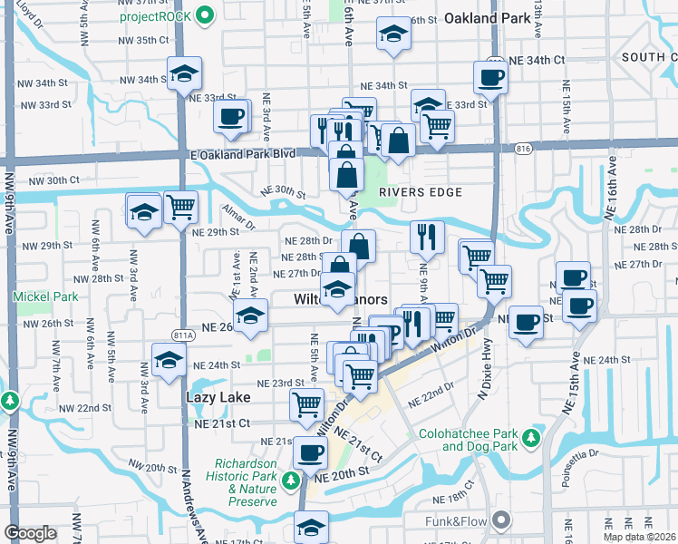 map of restaurants, bars, coffee shops, grocery stores, and more near 2729 Northeast 5th Terrace in Wilton Manors