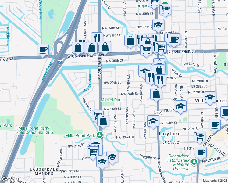 map of restaurants, bars, coffee shops, grocery stores, and more near 2816 Northwest 8th Avenue in Wilton Manors