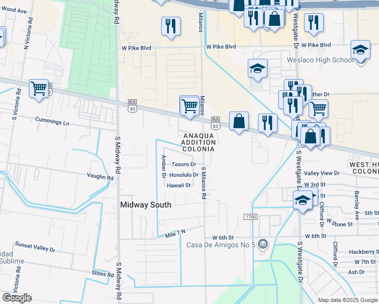 map of restaurants, bars, coffee shops, grocery stores, and more near 2612 Garnet Drive in Weslaco