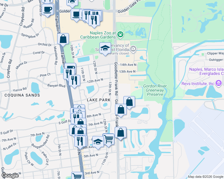map of restaurants, bars, coffee shops, grocery stores, and more near 1064 13th Street North in Naples