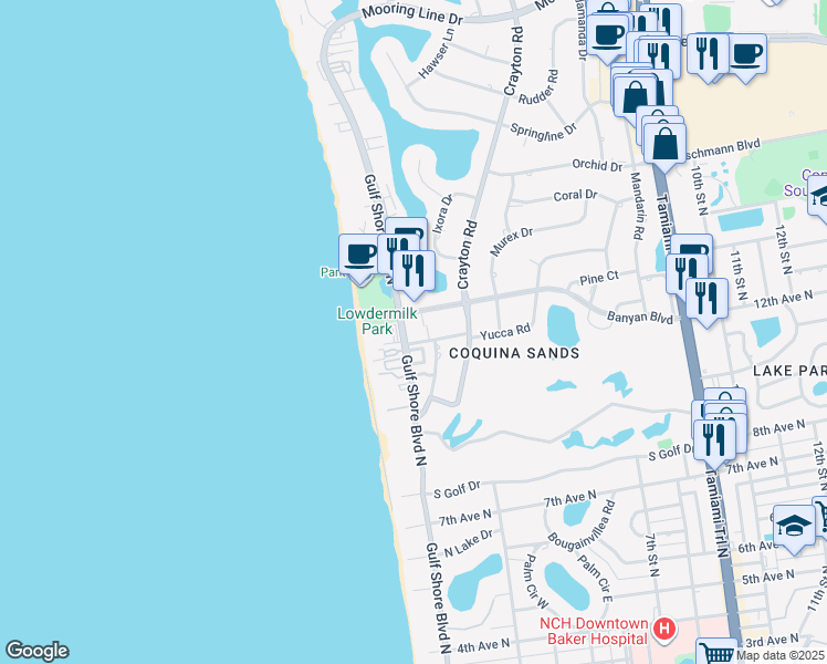 map of restaurants, bars, coffee shops, grocery stores, and more near 1300 Gulf Shore Boulevard North in Naples