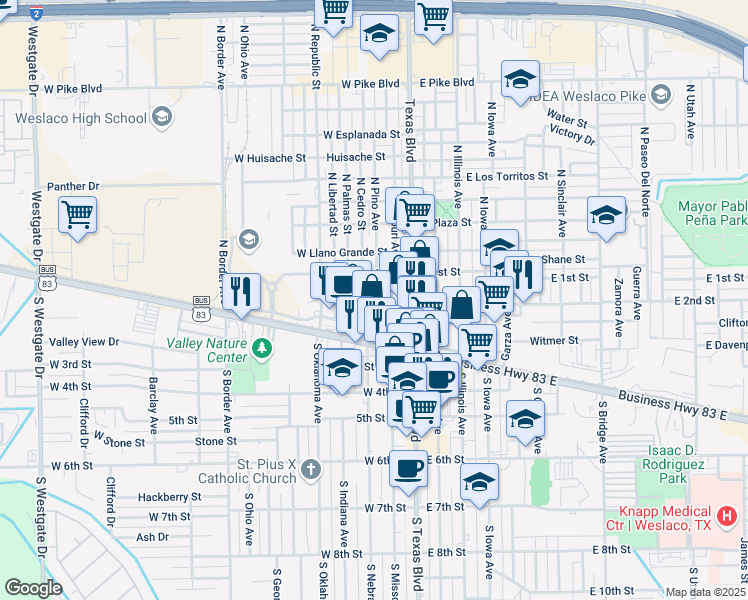 map of restaurants, bars, coffee shops, grocery stores, and more near 200 South Pino Street in Weslaco