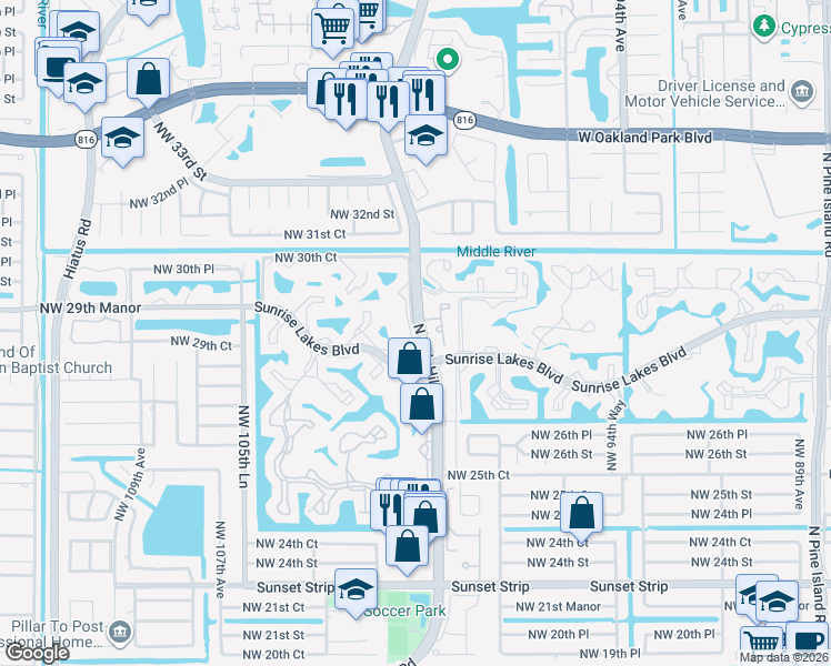 map of restaurants, bars, coffee shops, grocery stores, and more near 2857 Northwest 99th Terrace in Sunrise