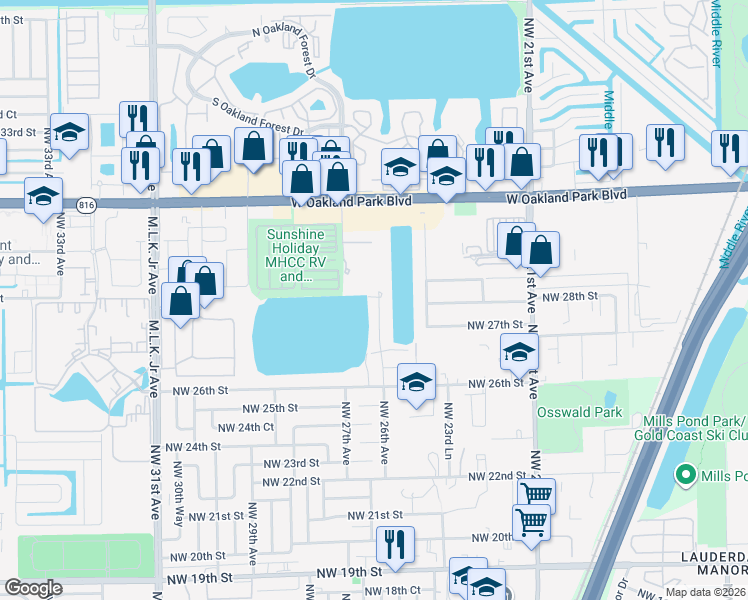 map of restaurants, bars, coffee shops, grocery stores, and more near 2811 Northwest 26th Avenue in Oakland Park