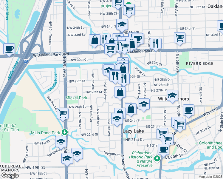 map of restaurants, bars, coffee shops, grocery stores, and more near 200 Northwest 29th Street in Wilton Manors