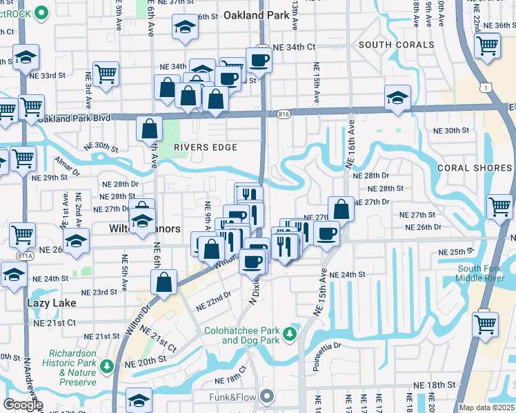 map of restaurants, bars, coffee shops, grocery stores, and more near 2720 North Dixie Highway in Wilton Manors
