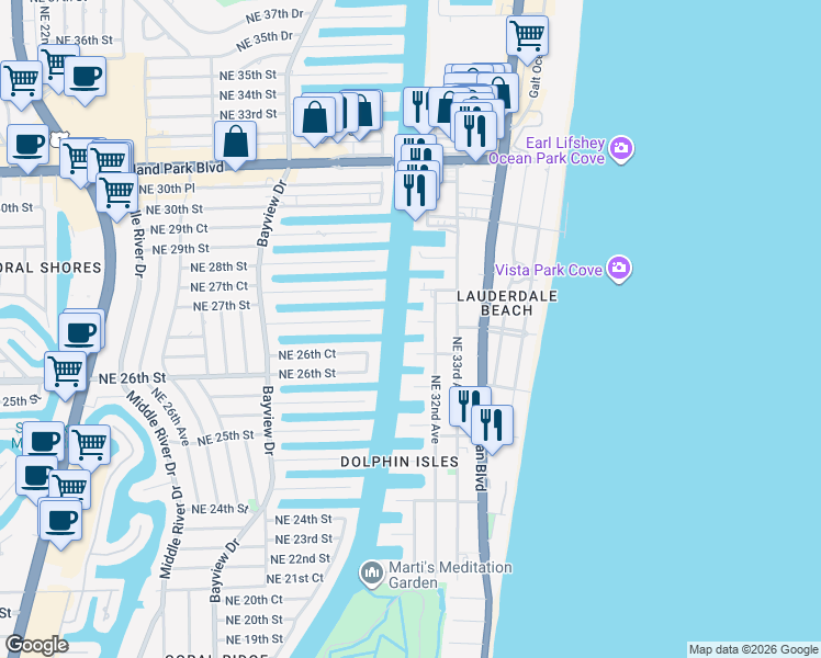 map of restaurants, bars, coffee shops, grocery stores, and more near 3100 Northeast 27th Street in Fort Lauderdale