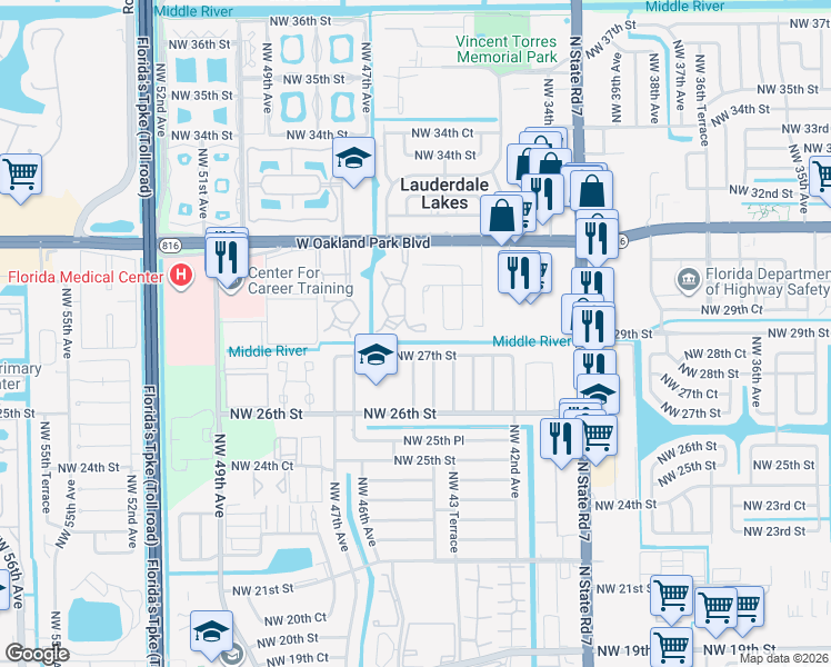 map of restaurants, bars, coffee shops, grocery stores, and more near 2900 Northwest 46th Avenue in Lauderdale Lakes
