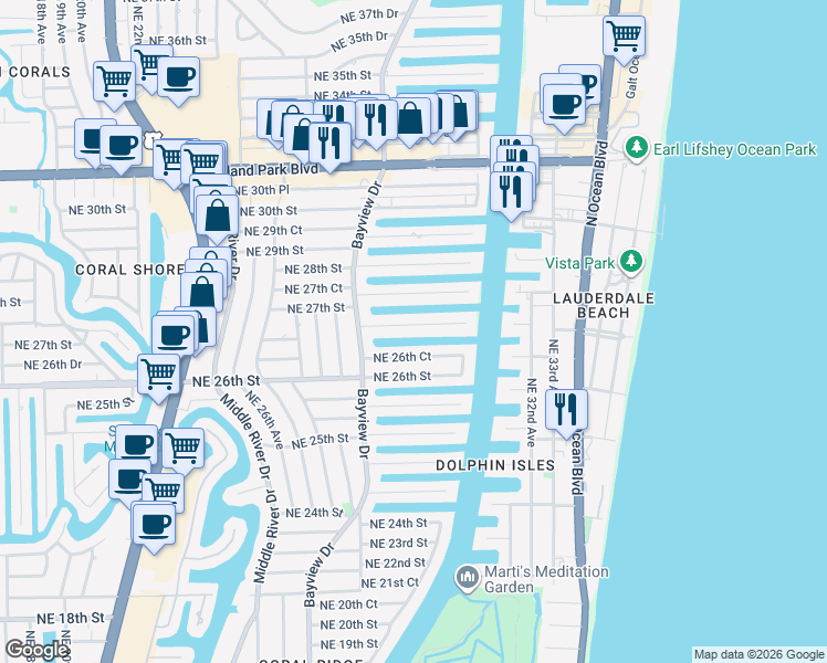 map of restaurants, bars, coffee shops, grocery stores, and more near 2848 Northeast 26th Place in Fort Lauderdale