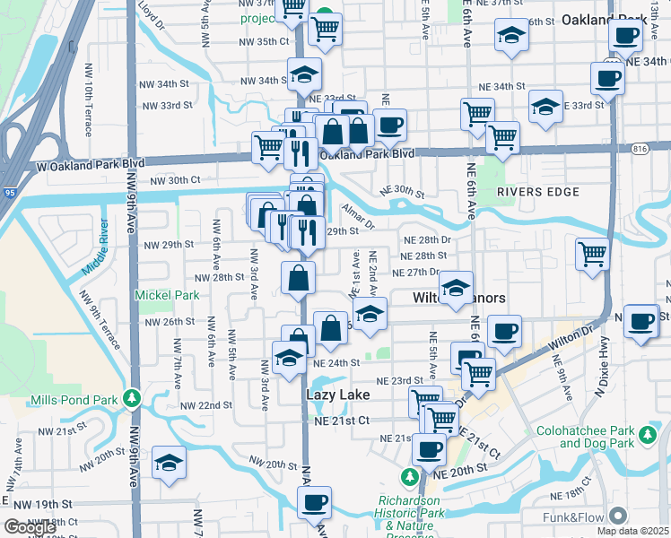 map of restaurants, bars, coffee shops, grocery stores, and more near 37 Northeast 27th Drive in Wilton Manors