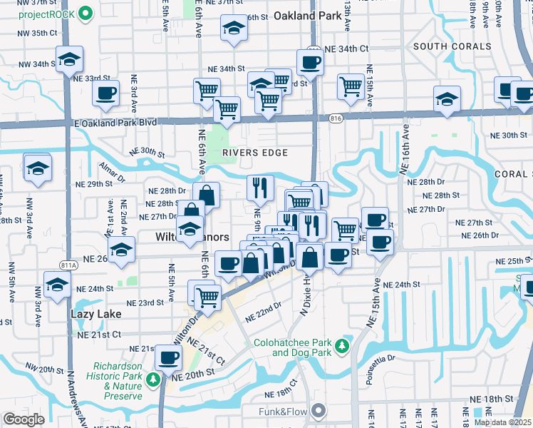 map of restaurants, bars, coffee shops, grocery stores, and more near 2702 1/2 Northeast 9th Avenue in Wilton Manors
