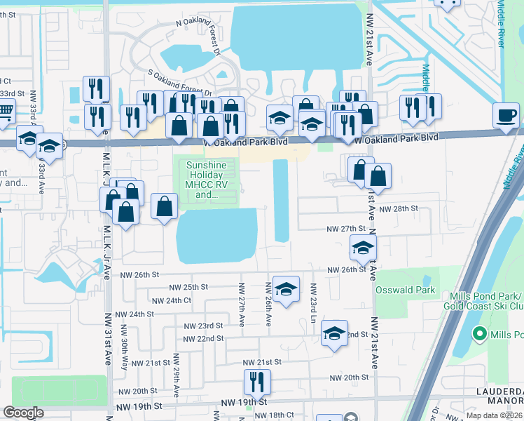 map of restaurants, bars, coffee shops, grocery stores, and more near 2811 Northwest 26th Avenue in Oakland Park