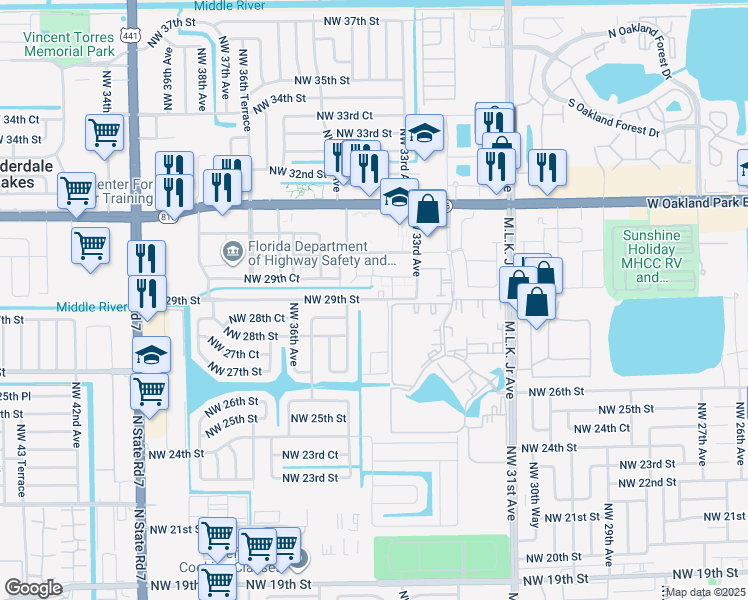 map of restaurants, bars, coffee shops, grocery stores, and more near 3404 Northwest 29th Street in Lauderdale Lakes