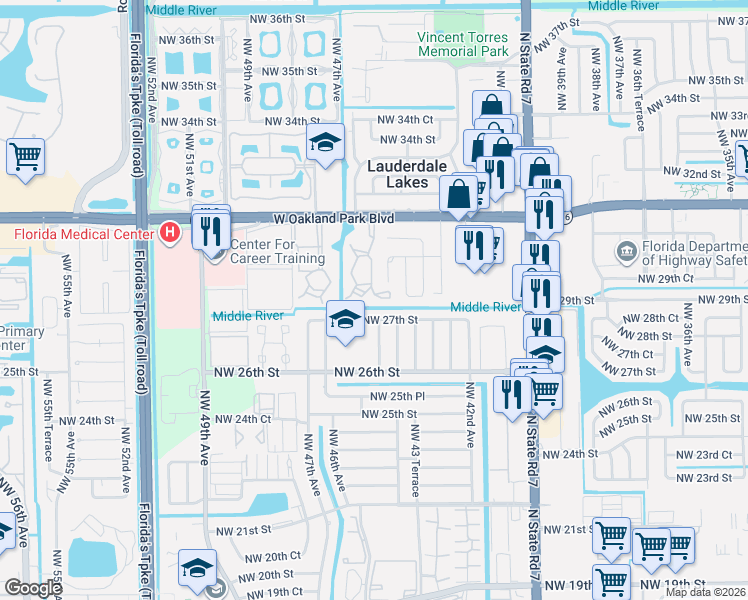 map of restaurants, bars, coffee shops, grocery stores, and more near 2900 Northwest 46th Avenue in Lauderdale Lakes