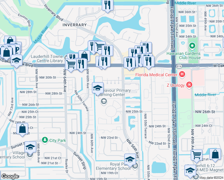 map of restaurants, bars, coffee shops, grocery stores, and more near 5730 Northwest 28th Street in Lauderhill