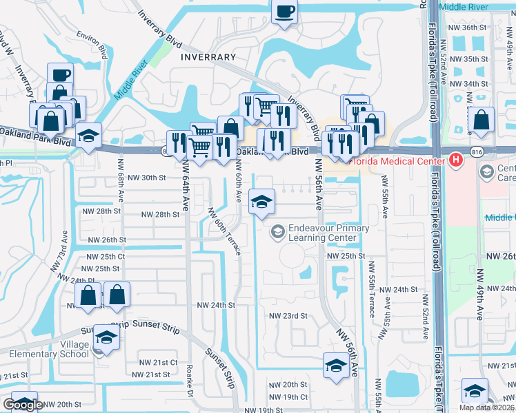 map of restaurants, bars, coffee shops, grocery stores, and more near 2768 Northwest 58th Terrace in Lauderhill