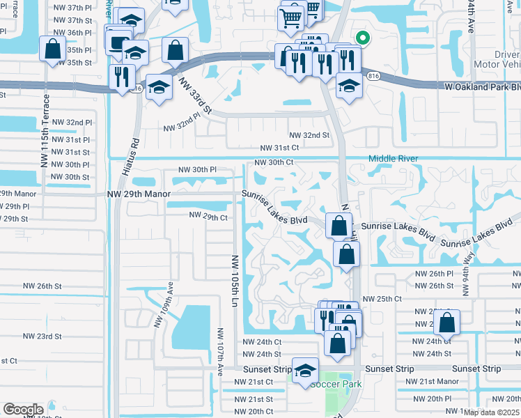 map of restaurants, bars, coffee shops, grocery stores, and more near 10434 Sunrise Lakes Boulevard in Sunrise