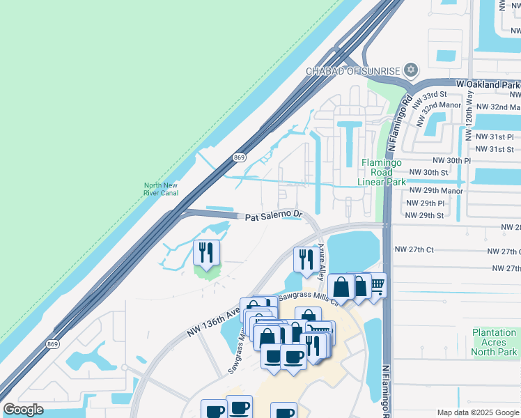 map of restaurants, bars, coffee shops, grocery stores, and more near 3000 Northwest 130th Terrace in Sunrise