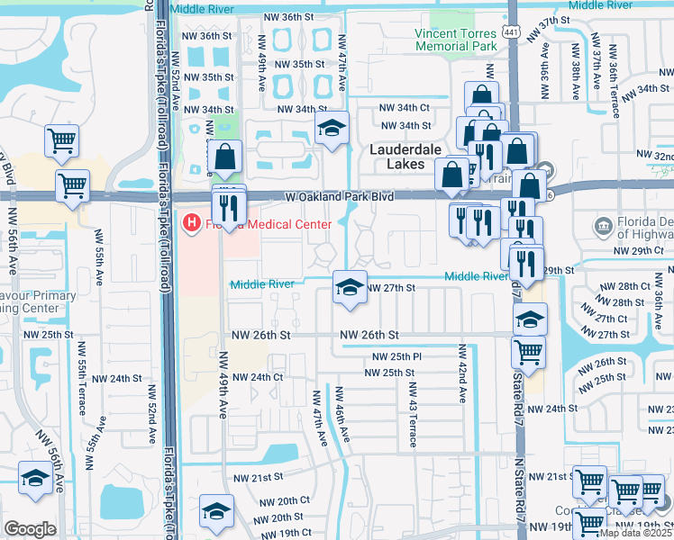 map of restaurants, bars, coffee shops, grocery stores, and more near 4521 Northwest 27th Street in Lauderhill
