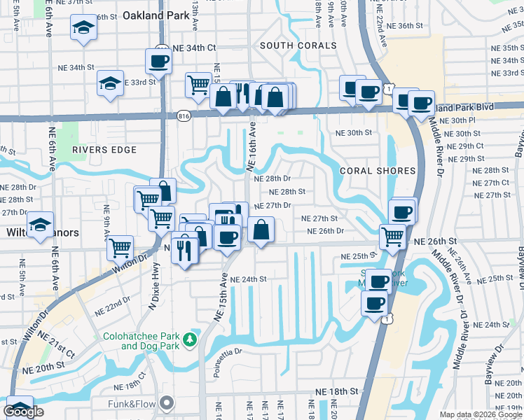 map of restaurants, bars, coffee shops, grocery stores, and more near 1620 Northeast 27th Drive in Wilton Manors