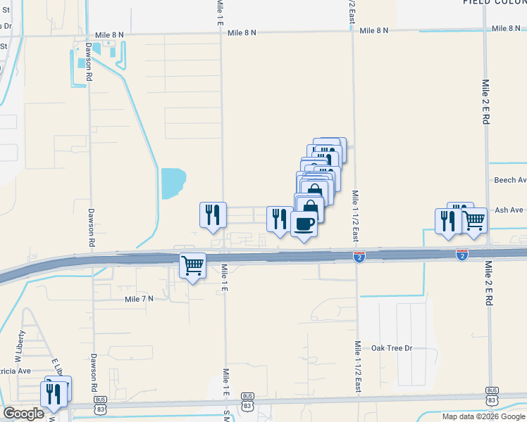 map of restaurants, bars, coffee shops, grocery stores, and more near 1950 Royal Palm Drive in Mercedes