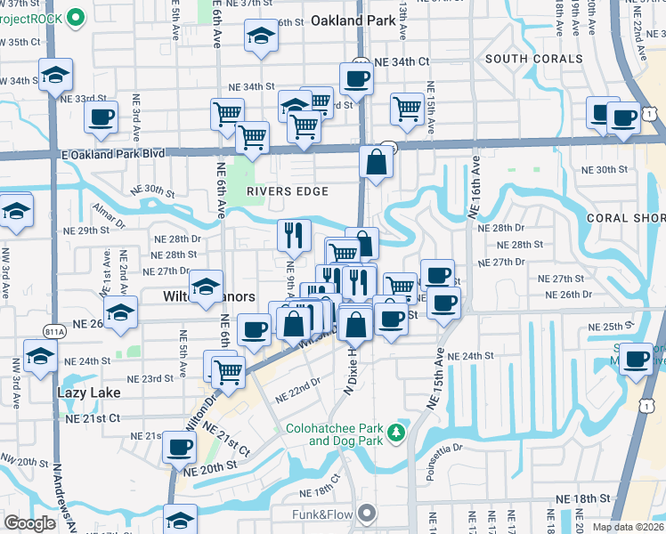 map of restaurants, bars, coffee shops, grocery stores, and more near 2716 Northeast 10th Terrace in Wilton Manors
