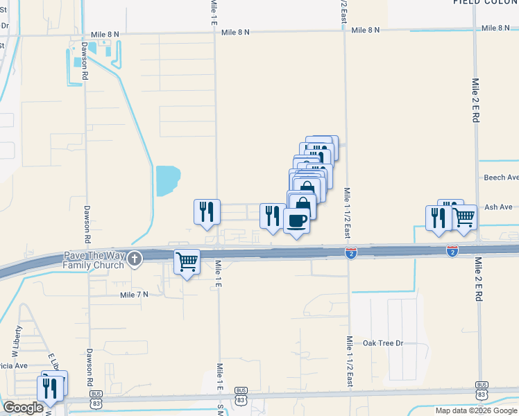 map of restaurants, bars, coffee shops, grocery stores, and more near 1950 Royal Palm Drive in Mercedes
