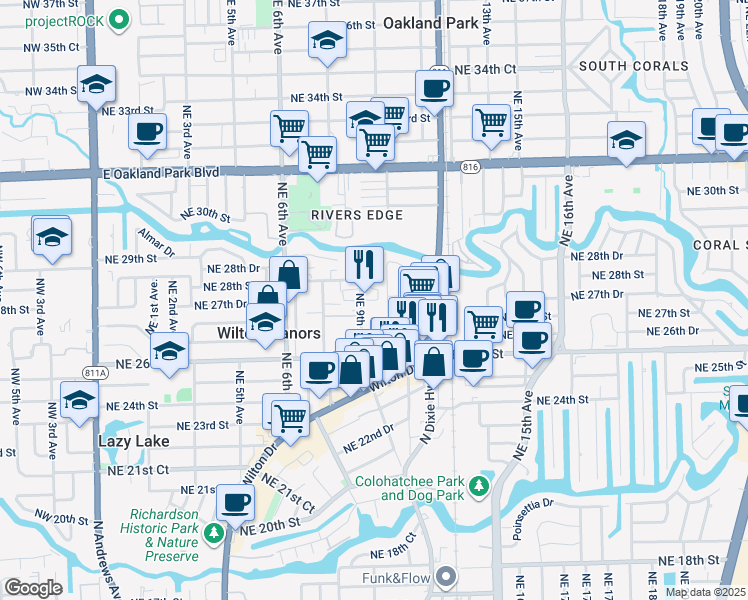map of restaurants, bars, coffee shops, grocery stores, and more near 2702 1/2 Northeast 9th Avenue in Wilton Manors