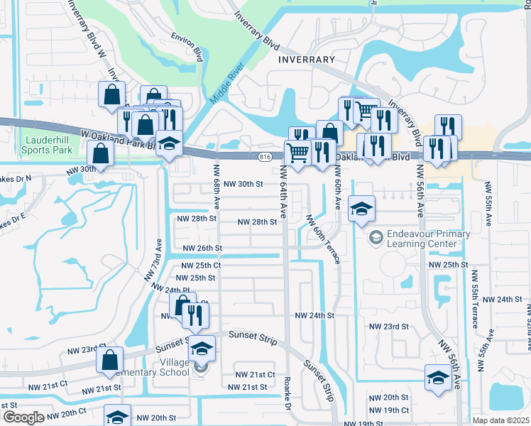 map of restaurants, bars, coffee shops, grocery stores, and more near 6480 Northwest 29th Street in Sunrise