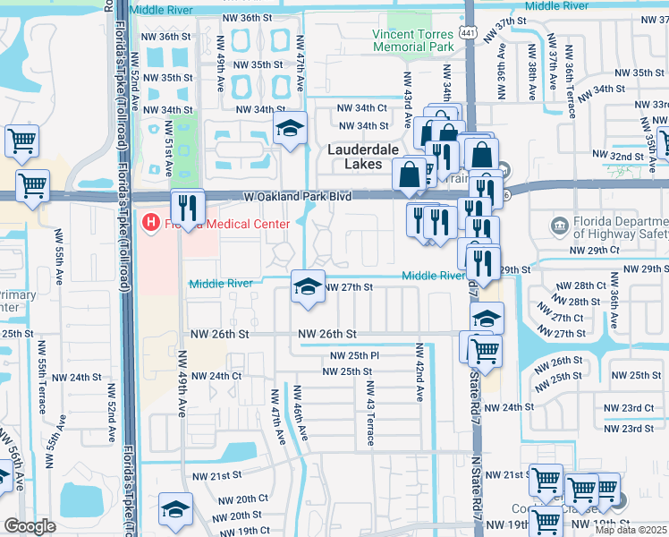 map of restaurants, bars, coffee shops, grocery stores, and more near 2900 Northwest 46th Avenue in Lauderdale Lakes