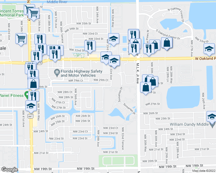 map of restaurants, bars, coffee shops, grocery stores, and more near 3311 Northwest 29th Street in Fort Lauderdale