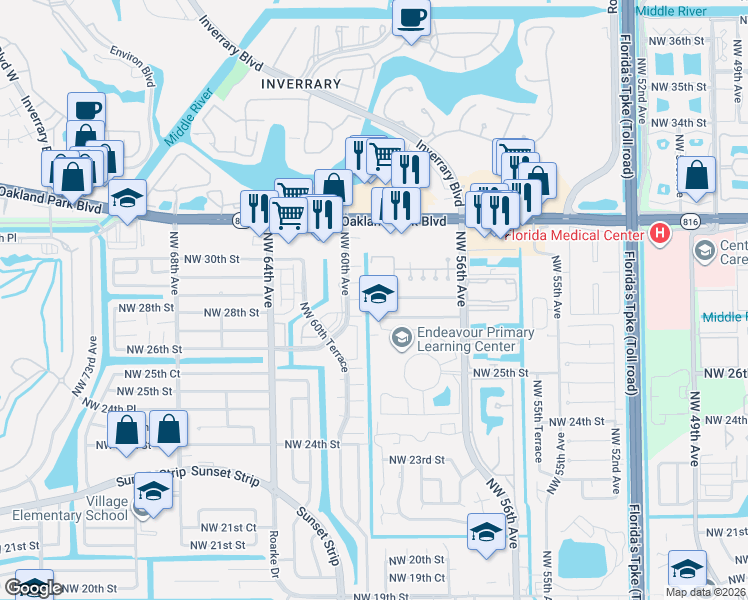 map of restaurants, bars, coffee shops, grocery stores, and more near 2768 Northwest 58th Terrace in Lauderhill