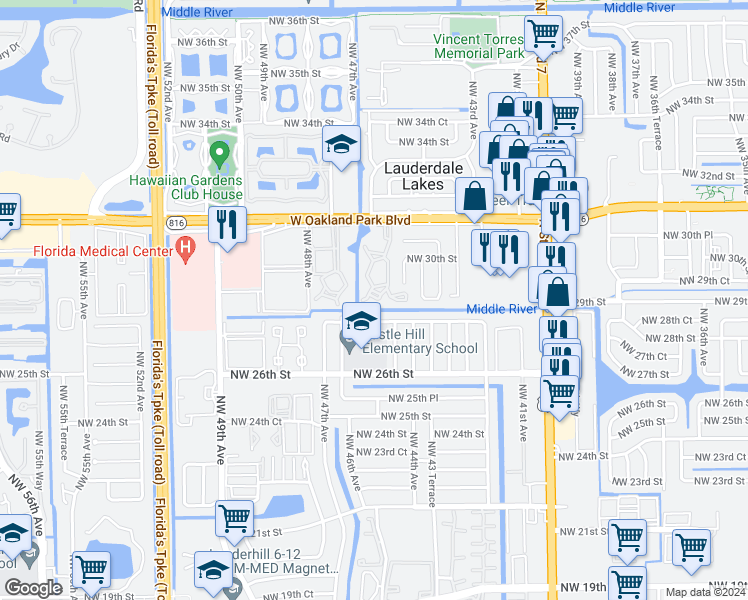 map of restaurants, bars, coffee shops, grocery stores, and more near 2901 Northwest 46th Avenue in Lauderdale Lakes
