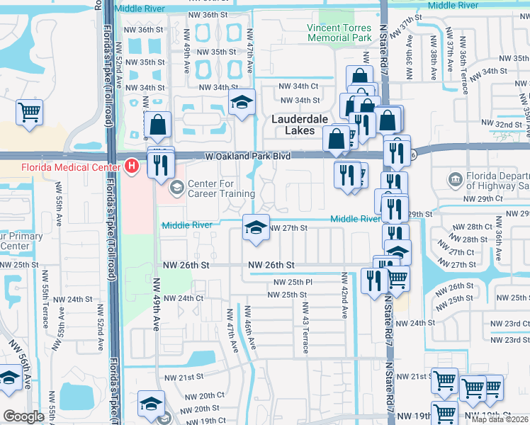 map of restaurants, bars, coffee shops, grocery stores, and more near 4521 Northwest 27th Street in Lauderhill