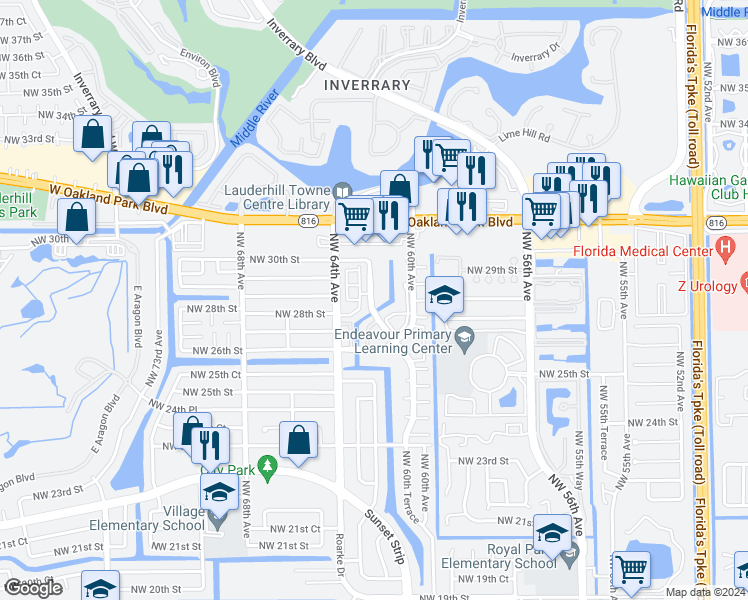 map of restaurants, bars, coffee shops, grocery stores, and more near 2802 Northwest 60th Terrace in Sunrise